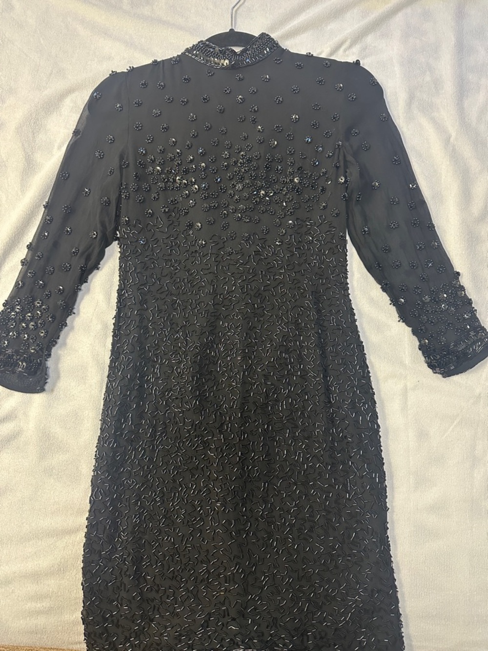 Vintage Beaded Black Long-Sleeve Midi Dress